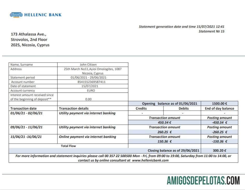 Modelo realista de extrato bancário helênico de Chipre em formato Word e PDF